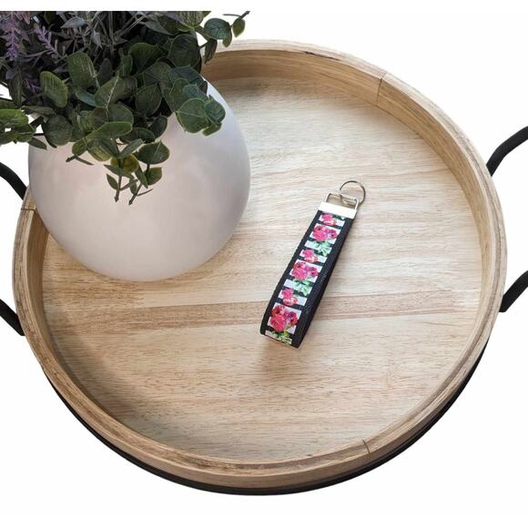 Rose Flower‎ Keychain Wristlet Boho Fabric Key Ring FOB Red Black Farmhouse Gift - Picture 2 of 8